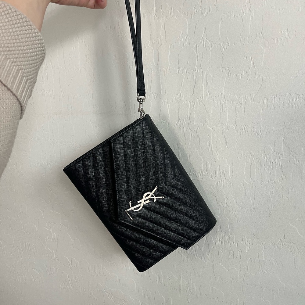 Yves Saint Laurent Black Clutch with Silver Logo